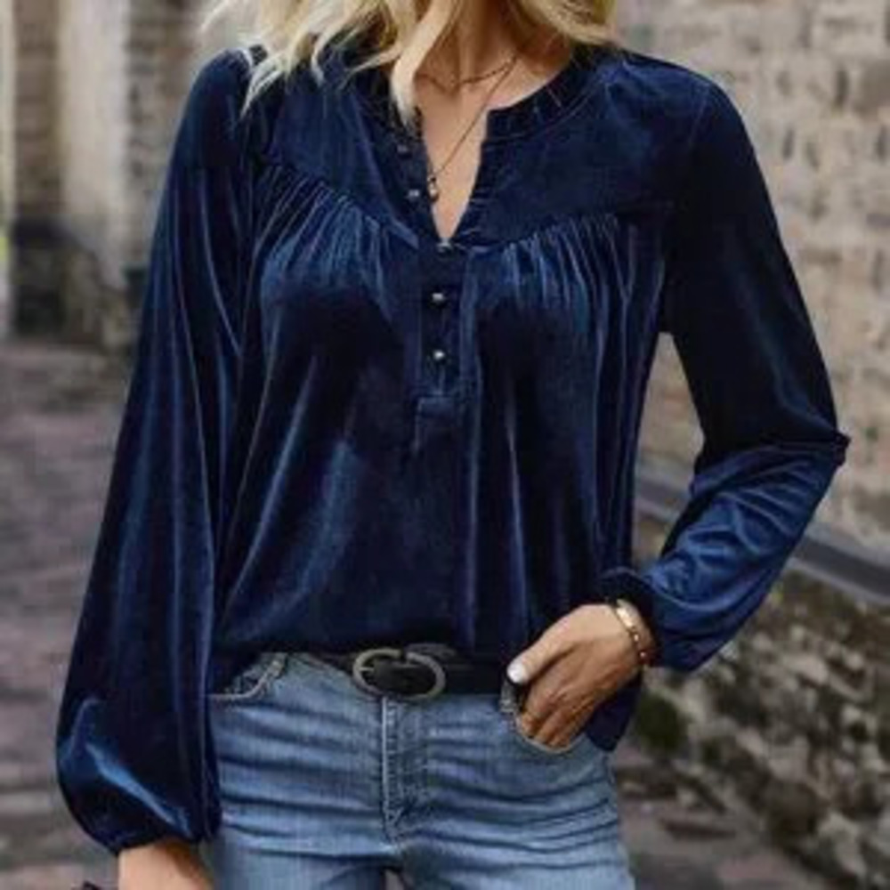 ZARA Blue Casual Women's Notched Neckline Lantern Sleeve Tee